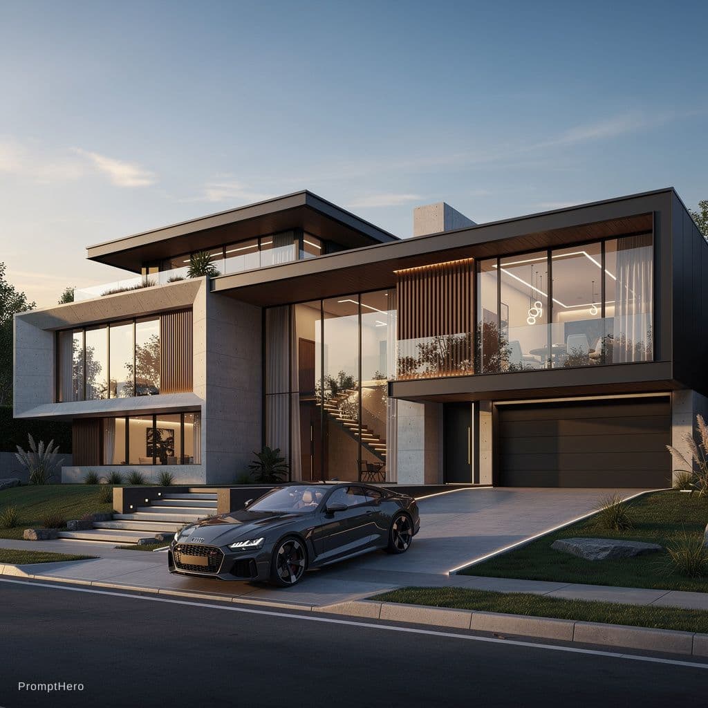 AI generated: a view of a modern house with a car parked in front of it, overall architectural design, large moder...