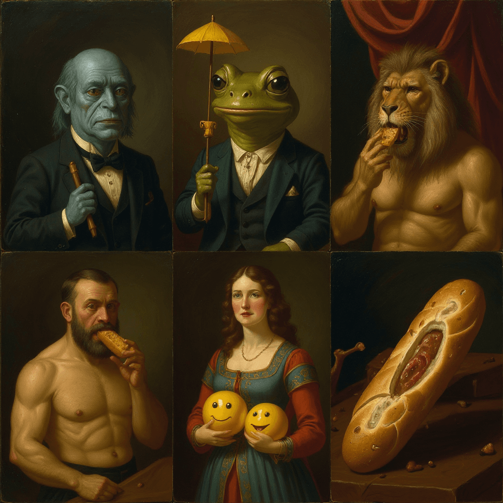 AI generated: a renaissance baroque painting portrait with the three eyed cyan haired blue skin alien, squinting f...