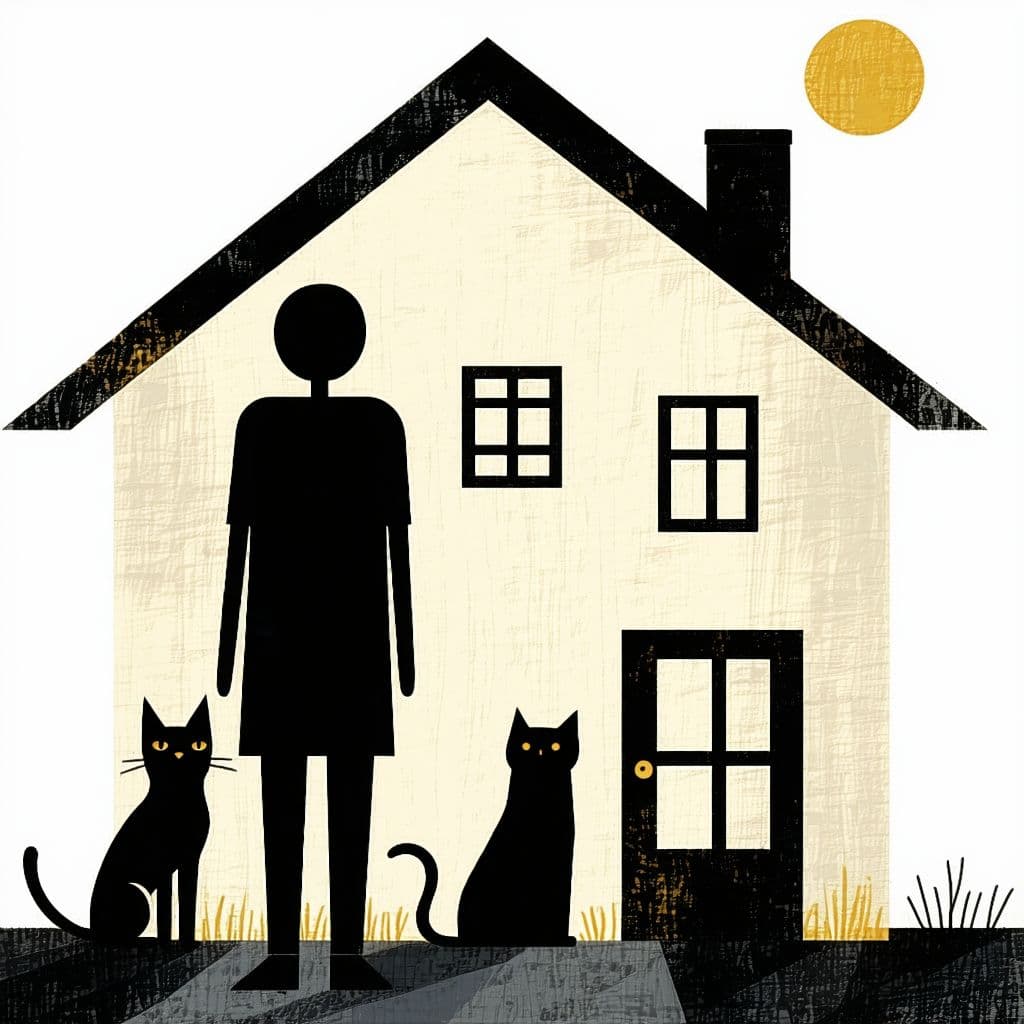 AI generated: House with black person standing in front with a cat with a dog next to them