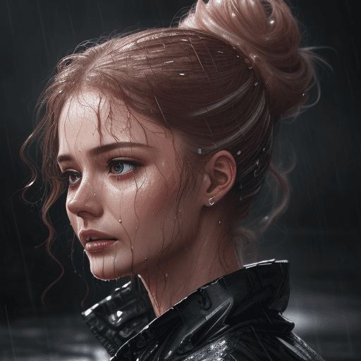 AI generated: A beautiful lady rain,wet face , messy bun hair  32k UHD, highly details