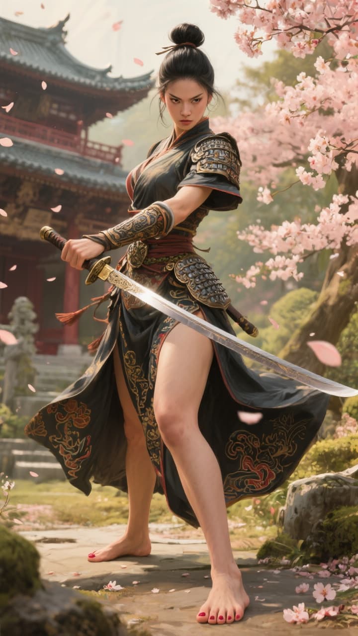 AI generated: Graceful Chinese warrior, Amazon inspiration, barefoot, full body view, focus on perfect feet perfec...