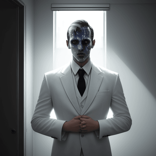 AI generated: Neatly dressed man dressed in a white suit standing in a brightly lit room, His eyes wide with fear,...