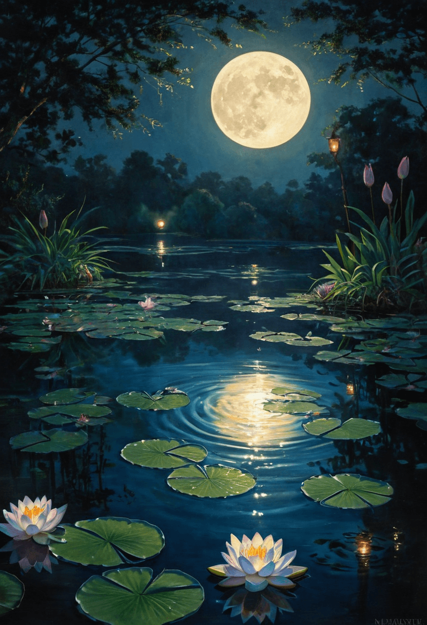 AI generated: A serene koi pond illuminated by the soft, warm glow of a full moon casting ethereal light across th...