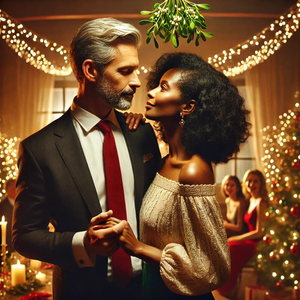 AI generated: A festive Christmas party scene with a white man in his early 50s (around 54 years old) and an Afric...