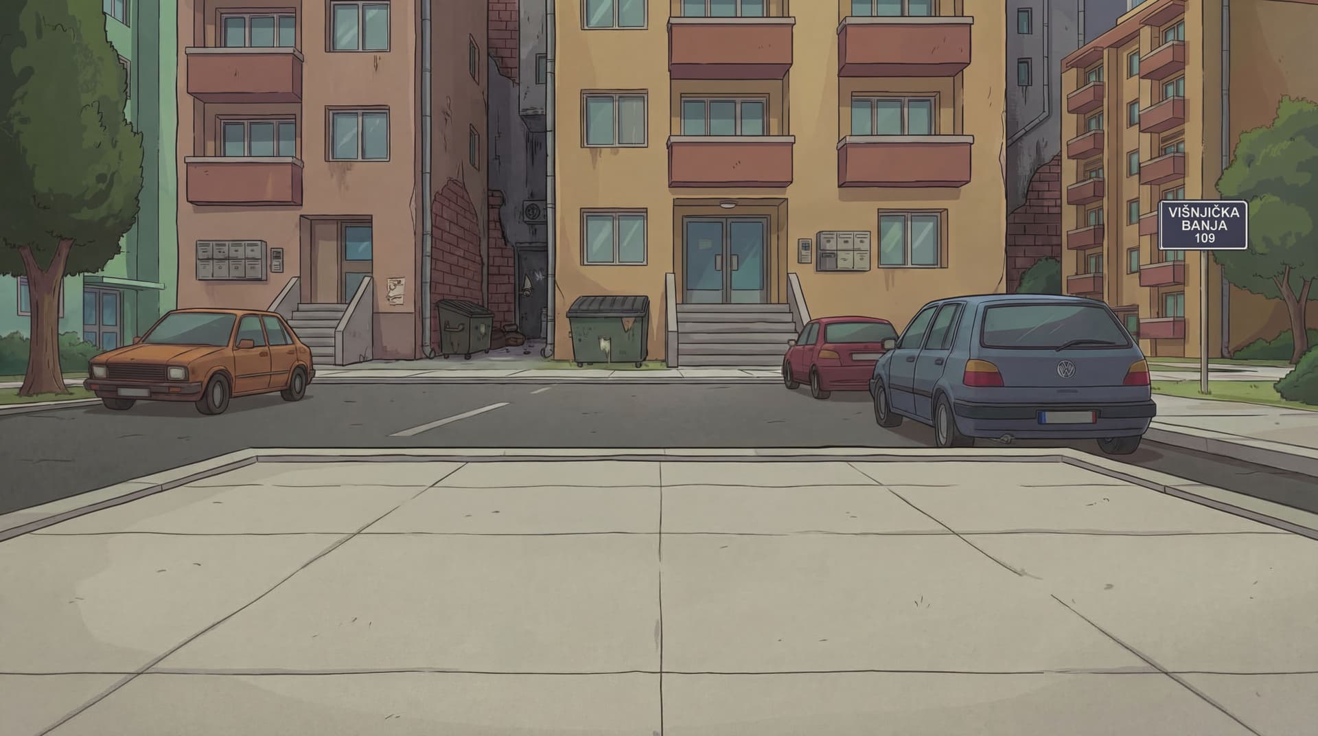 AI generated: show pavement road remove bench and show in background buildings close up entrances and  dead ally's...