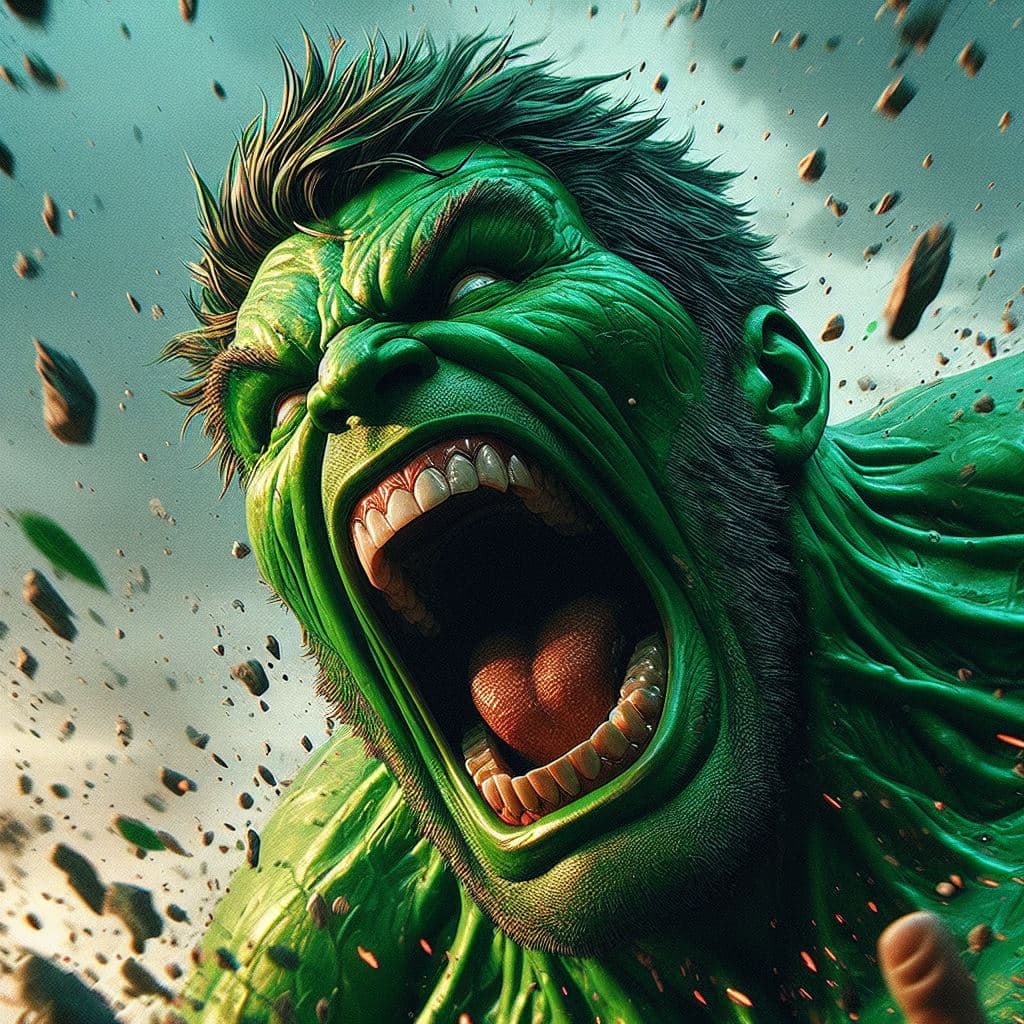 AI generated: close up of Green Globing of Marvel screaming, in a fit of rage, Masterpiece, gigantic scale, ascii-...