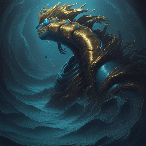 AI generated: A deep ocean monster with a golden iris that is one-third the width of his head; a space where only ...