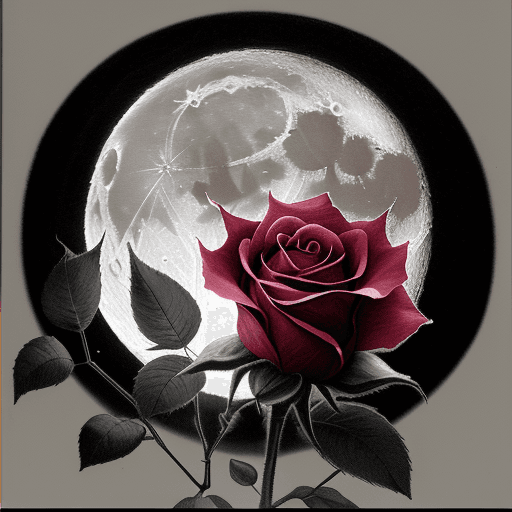AI generated: 
in the dark a rose illuminated by light and moon in the background with a pencil title
