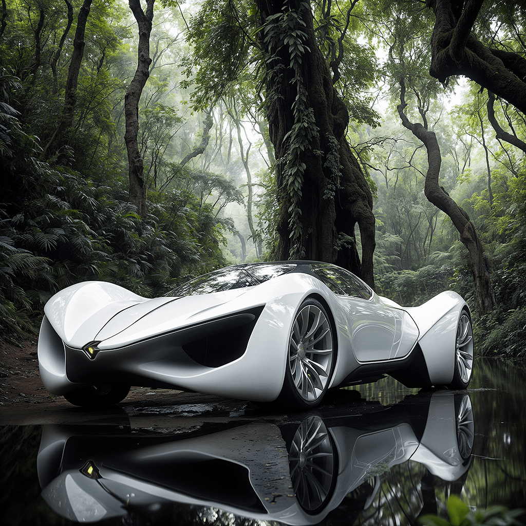 AI generated: fairy tale somewhere in the middle of dry south africa, soft shaped luxury futuristic car white colo...
