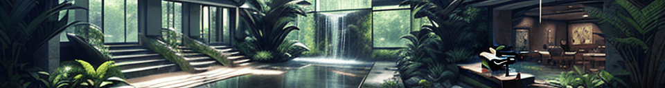 AI generated: epitome of biophilic design, public space, atrium, interior, indoor waterfall feature, verdant desig...