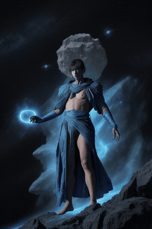 AI generated: a male cosmic sorcerer, depicted in an action shot on an asteroid amidst the vastness of space. The ...