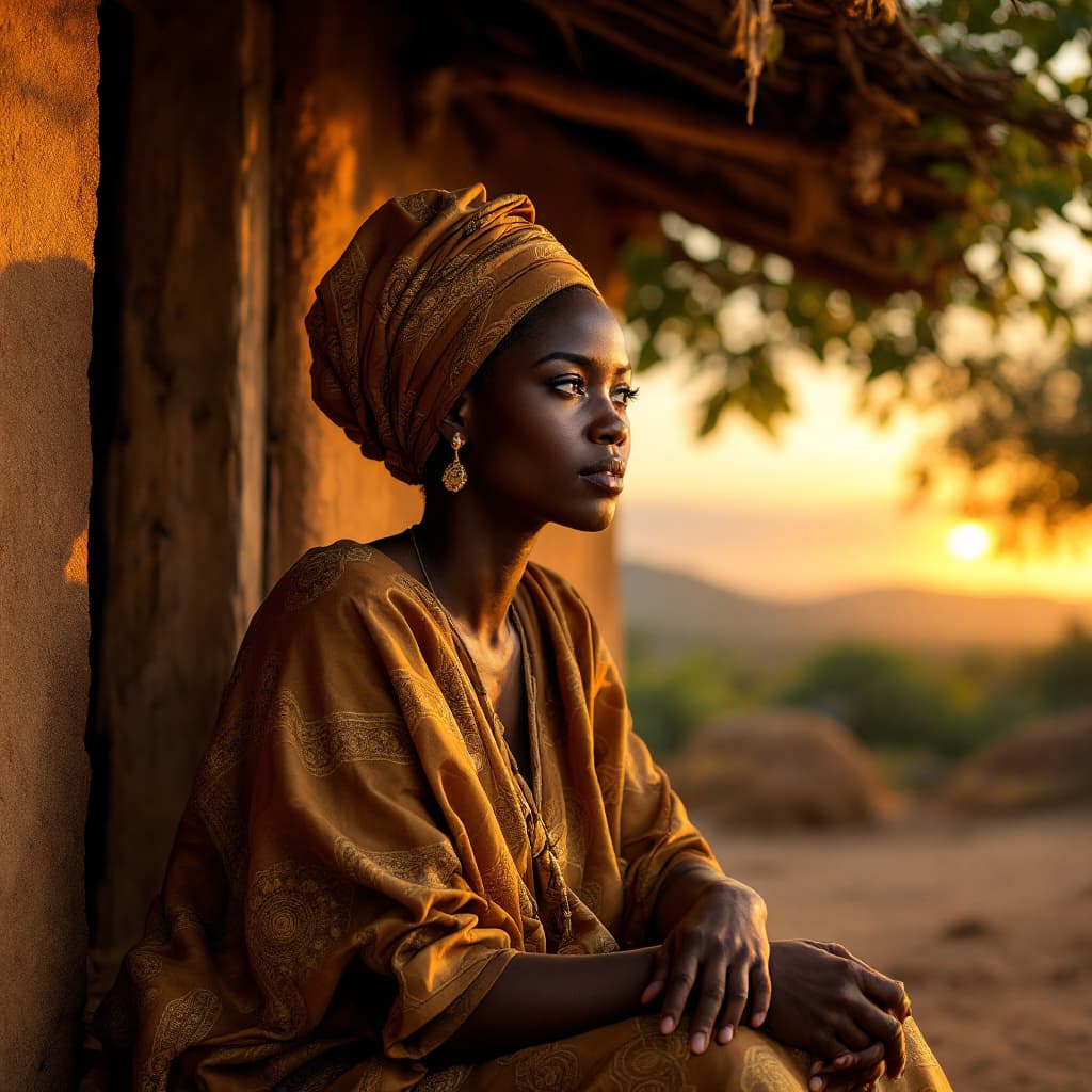 AI generated: Amina, 27, light skin, wearing a woven traditional dress in shades of brown and gold, sits outside h...