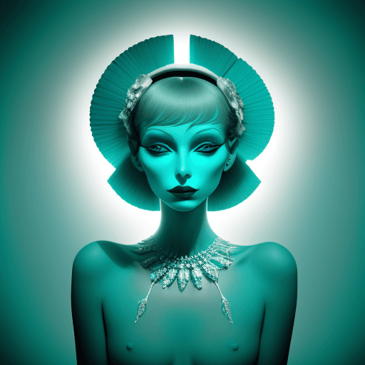 AI generated: fashion close up of a model inspired by Lillian Bassman, ((cyan)) dimensional light, fully symmetric...