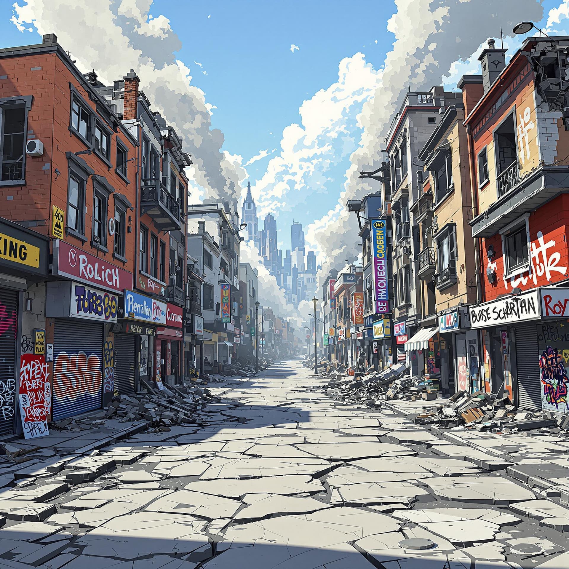 AI generated: high resolution Destroyed urban street buildings with graffiti, smoking buildings, 3d illustrated st...