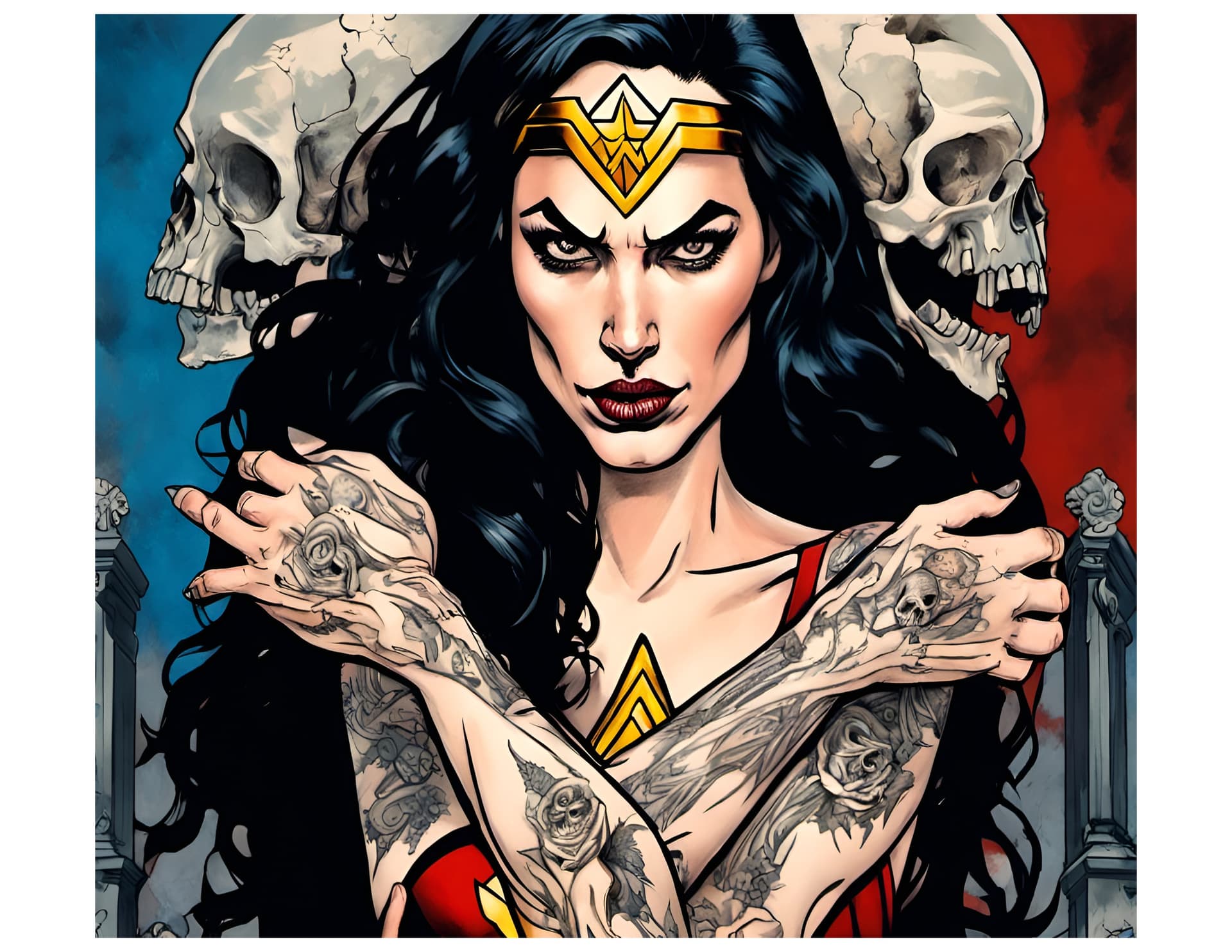 AI generated: wonder women with tattoos holding a skull in a cemetary