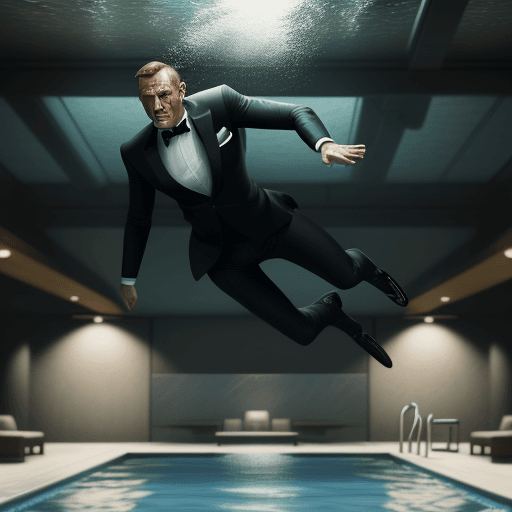 AI generated: cinematic 4K image of a photorealistic, James Bond like a boss epic diving into a  pool