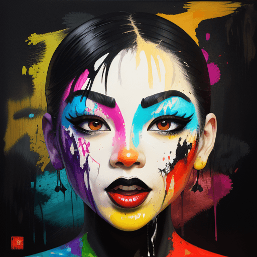 AI generated: abstract face in the style of nik ridley, vibrant facial expression, asian motif with dripping black...