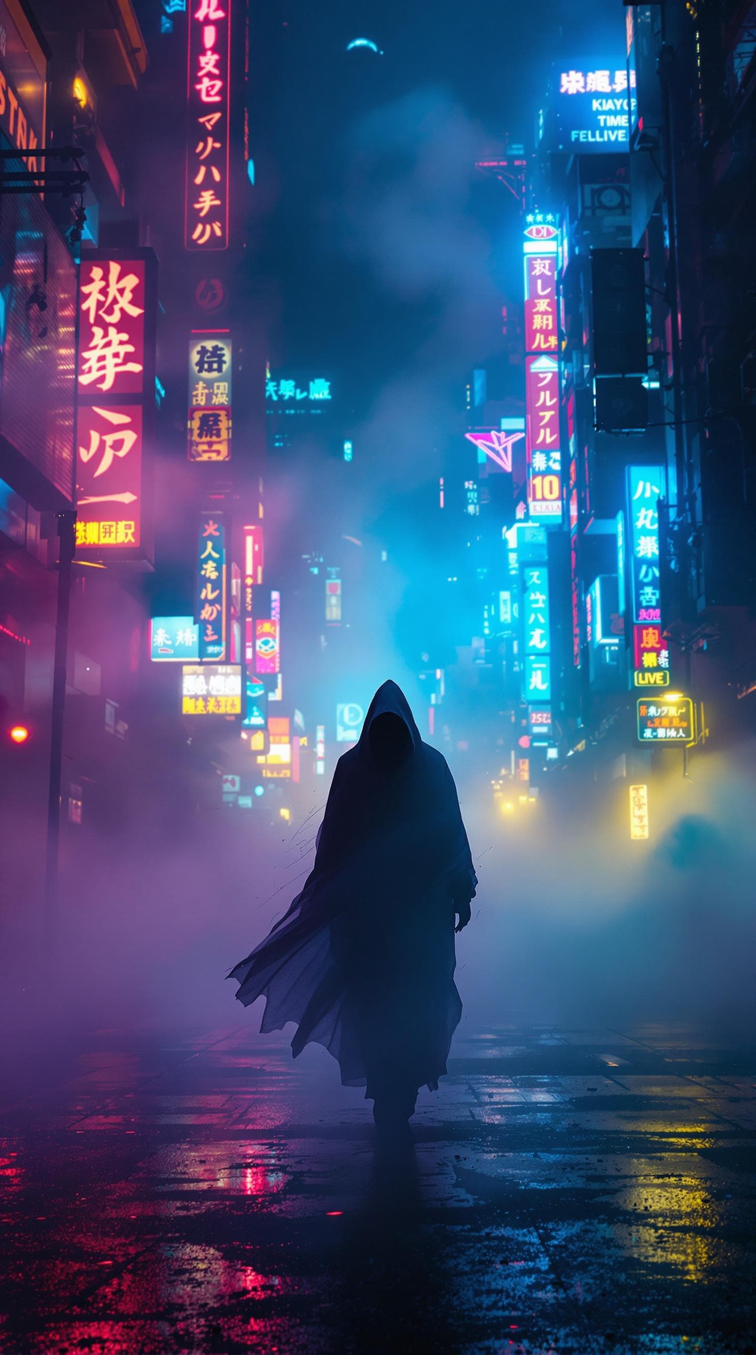 AI generated: A mysterious phantom figure walking through neon-lit fog, a shadow dissolving into the night. The sc...