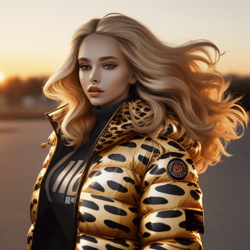 AI generated: a beautiful young woman in an animal print jacket with her hair blowing in the wind, by Nikita Vepri...