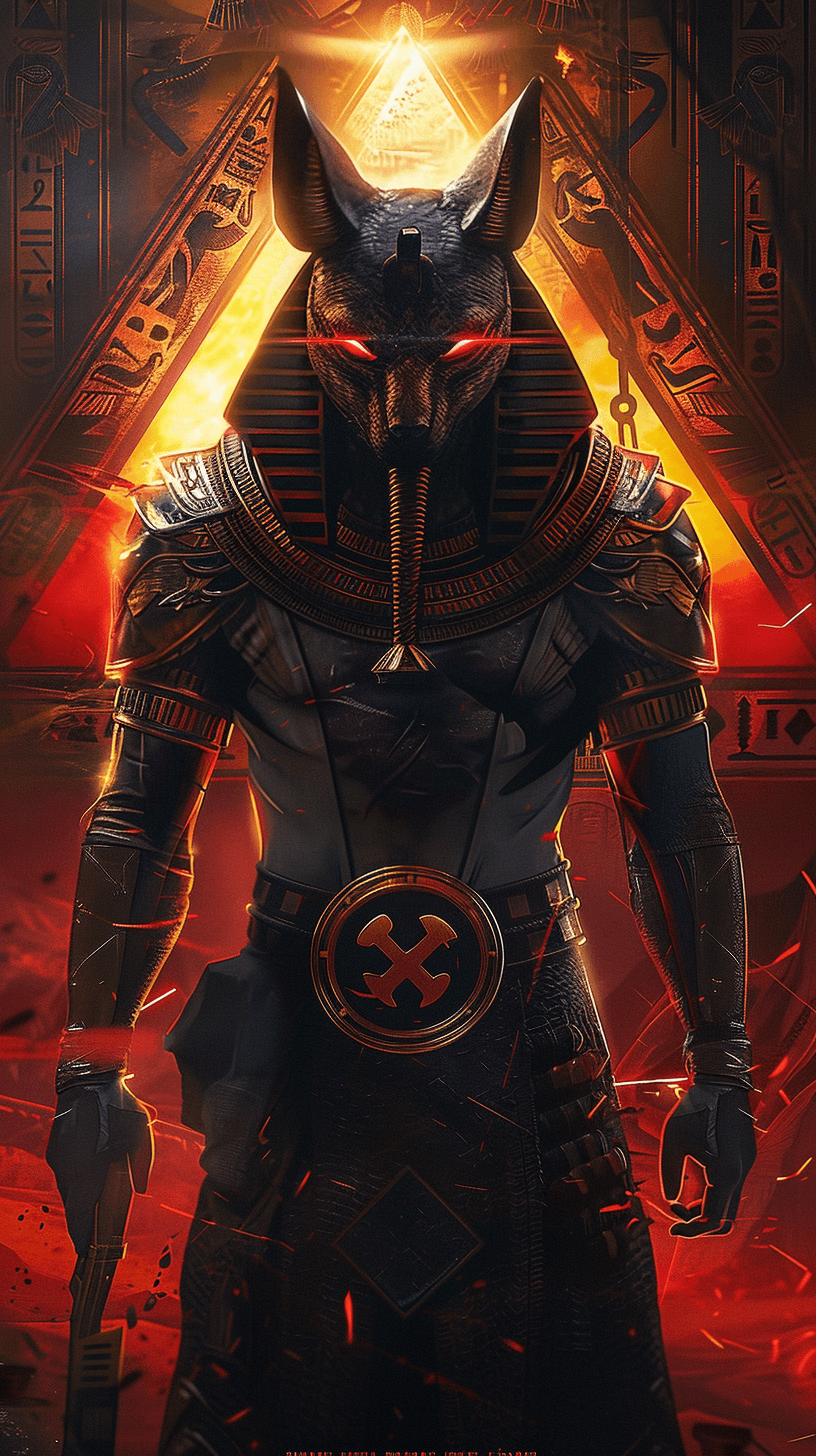 AI generated: portrait the egyptian male anubis, cyberpunk, black, pyramid, hyperdetailed eyes, hyperrealism extre...