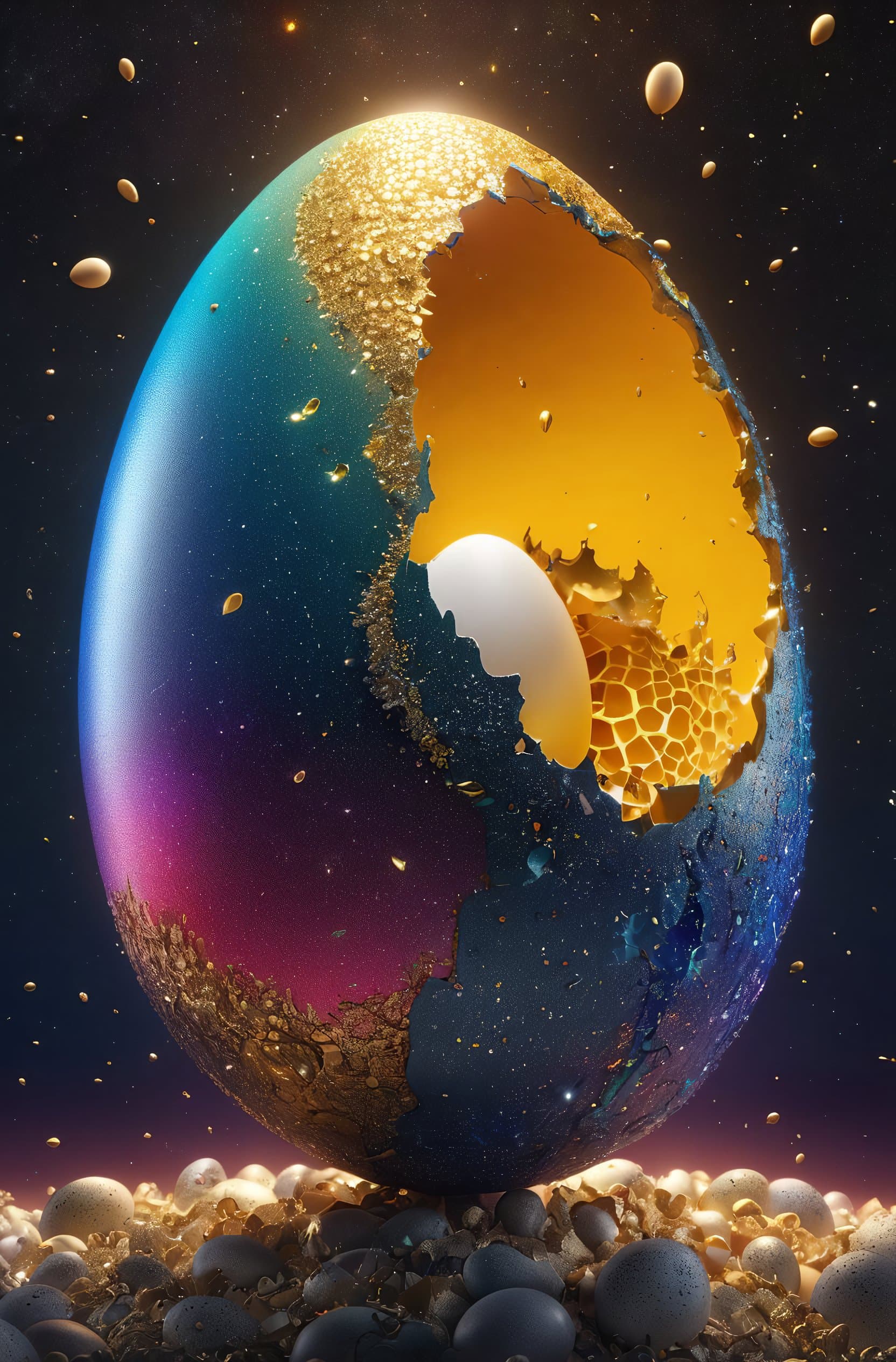 AI generated: (the universe as an egg being cracked, colorful:1.3), hyper detailed, dramatic lighting, cgsociety, ...