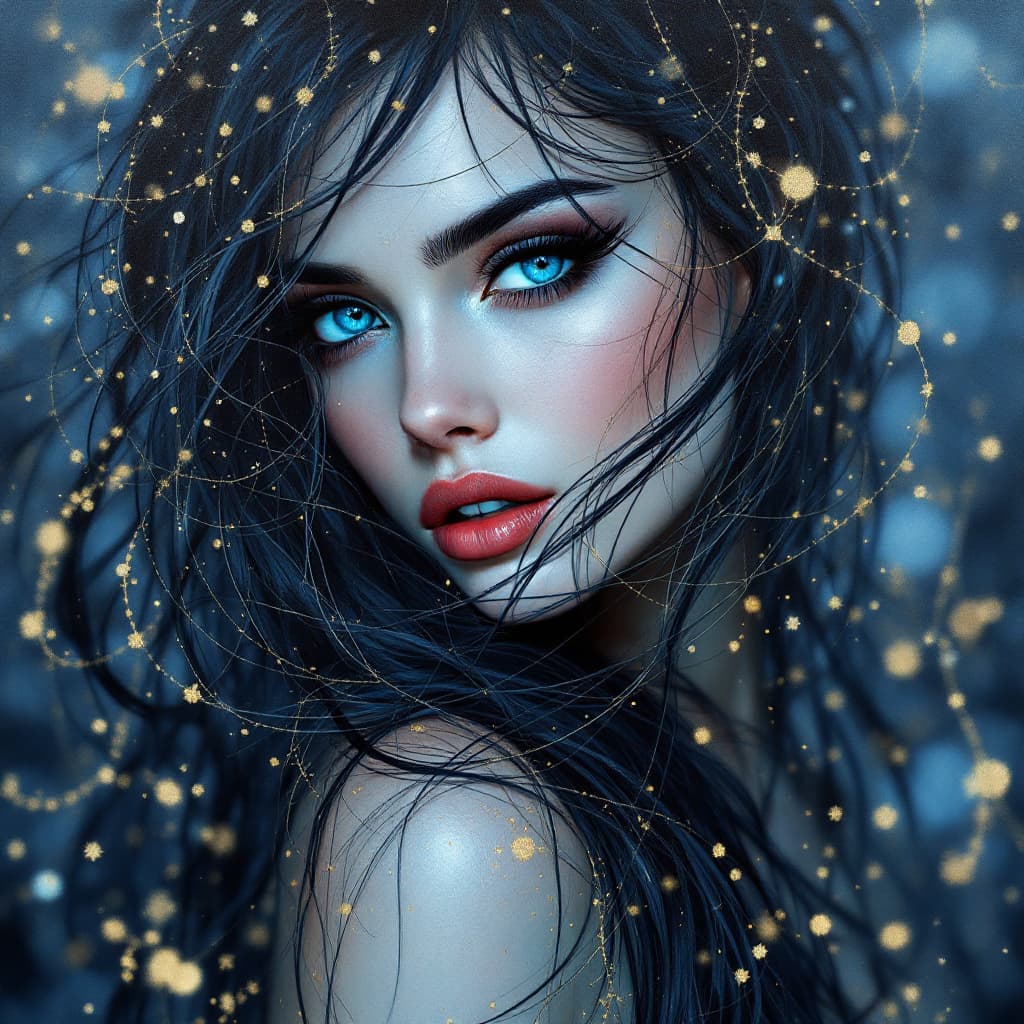 AI generated:  *Seductive blue-eyed woman with flowing black hair, Fibonacci sequence-inspired composition, intric...