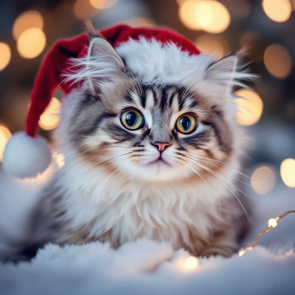 AI generated: Grey and white cat as santa clause, big cute eyes, Realistic, sharp, Hasselblad, centred, pro, UHD, ...