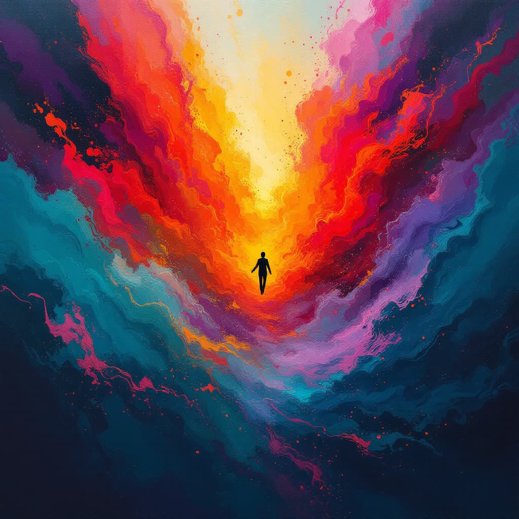 AI generated: abstract digital art piece showing a lone figure falling into an explosion of vibrant colors, with s...