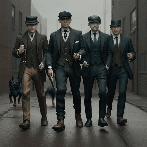 AI generated: dogs as a street gang members, holding weapons with their paws, acting like humans, Peaky Blinders m...