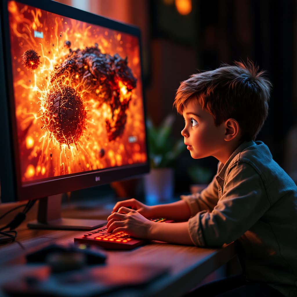 AI generated: mini humans try to fix computer desktop gaming with realistic 
