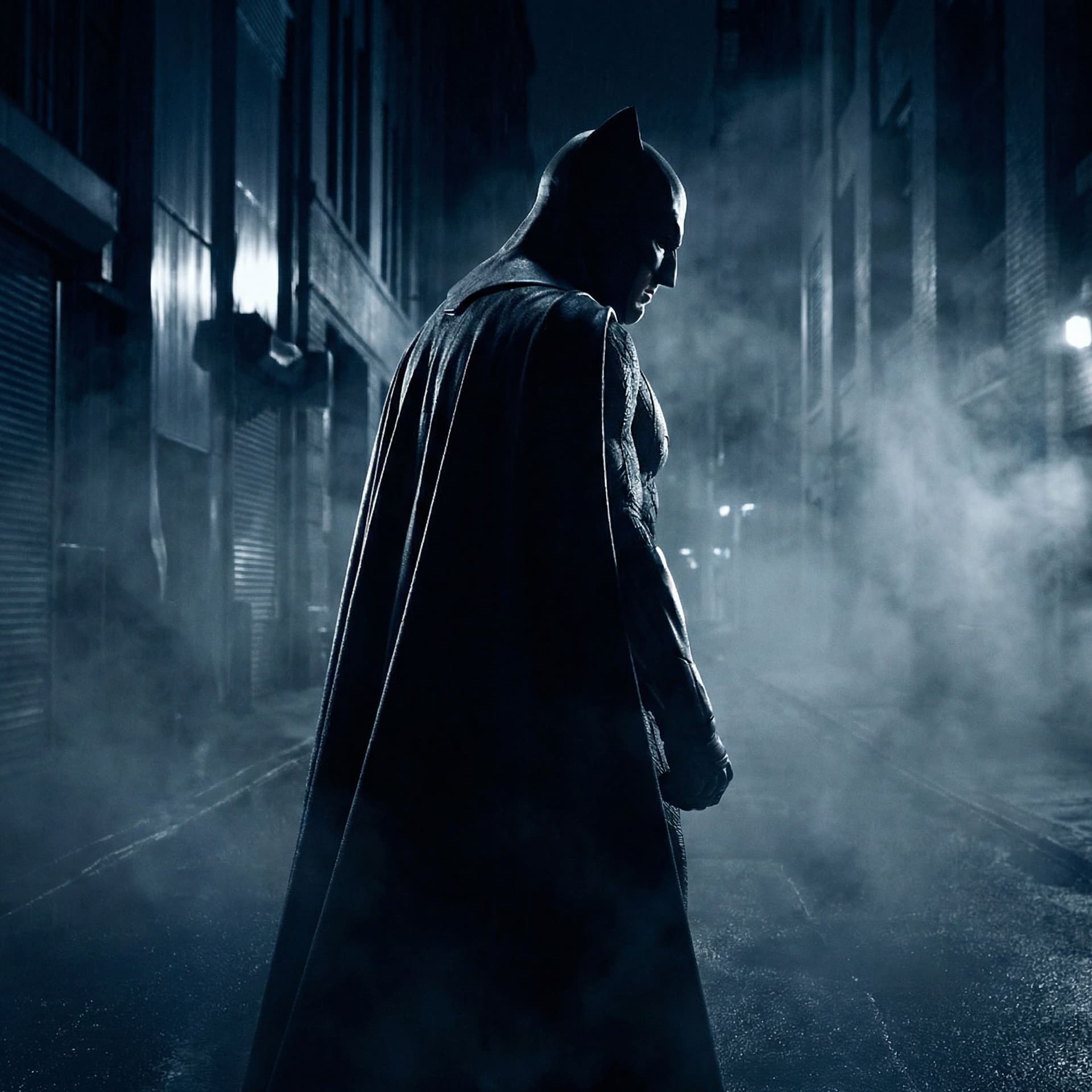 AI generated: cinematic lighting, dramatic contrast, deep shadows, rim light on cape and cowl, atmospheric fog, hi...