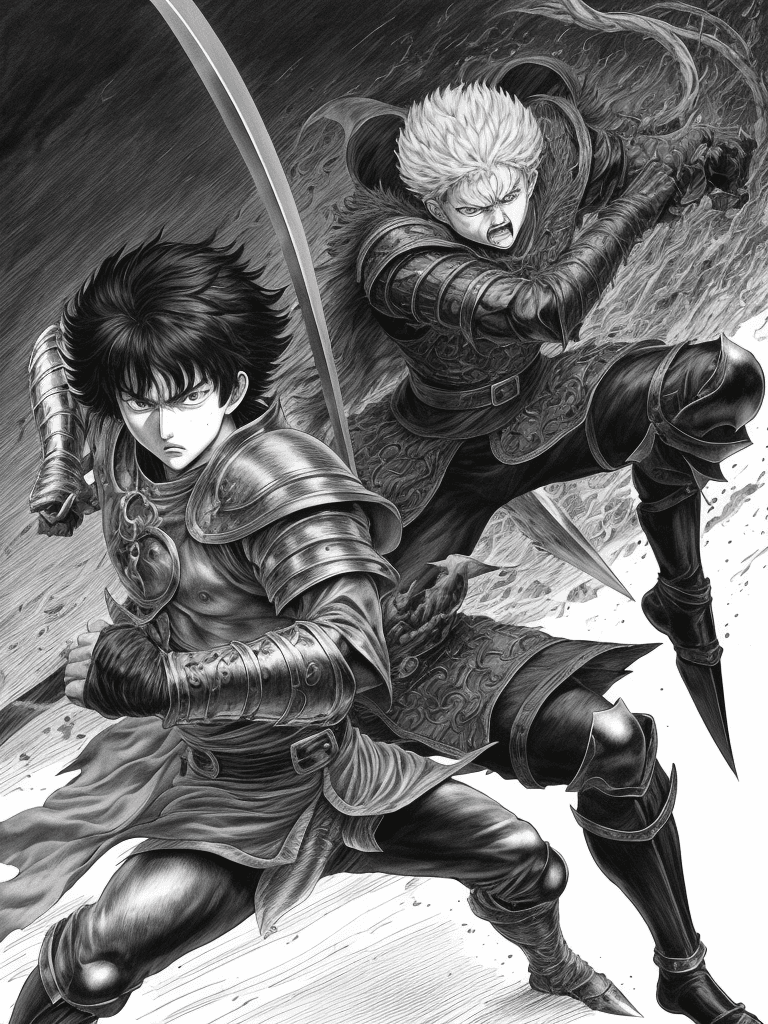 AI generated: monochrome, a man with big eyes, brown hair with tuft, in golden armor, manga, ((without helmet)), b...