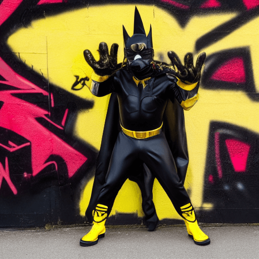 AI generated: A black man in a  black bat suit with yellow stripes metallic superhero suit with gold gloves and ye...