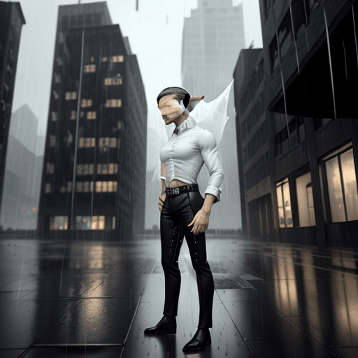 AI generated: A realistic looking elf in white shirt and black pants in a modern world that is raining and surroun...