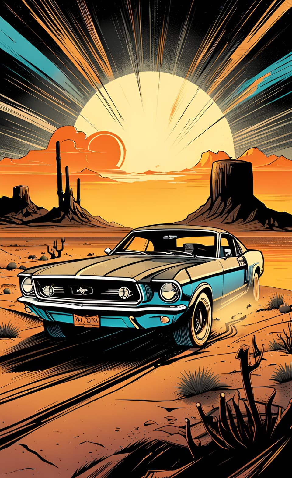 AI generated: A retro Grunge Comic style poster, in a desert mountain theme setting, of a classic mustang muscle t...