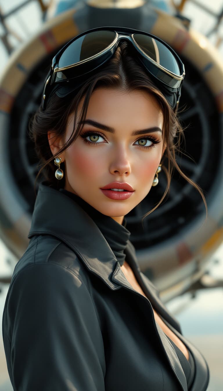AI generated: A Art Deco-style digital illustration of a Rule 63, full-body female pilot, with esthetically displa...