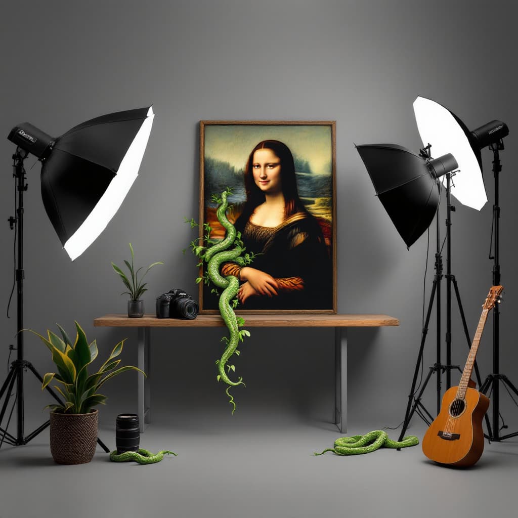 AI generated: generate a 4k image of a photography studio that has snake plant attached to a frame of Mona Lisa. T...
