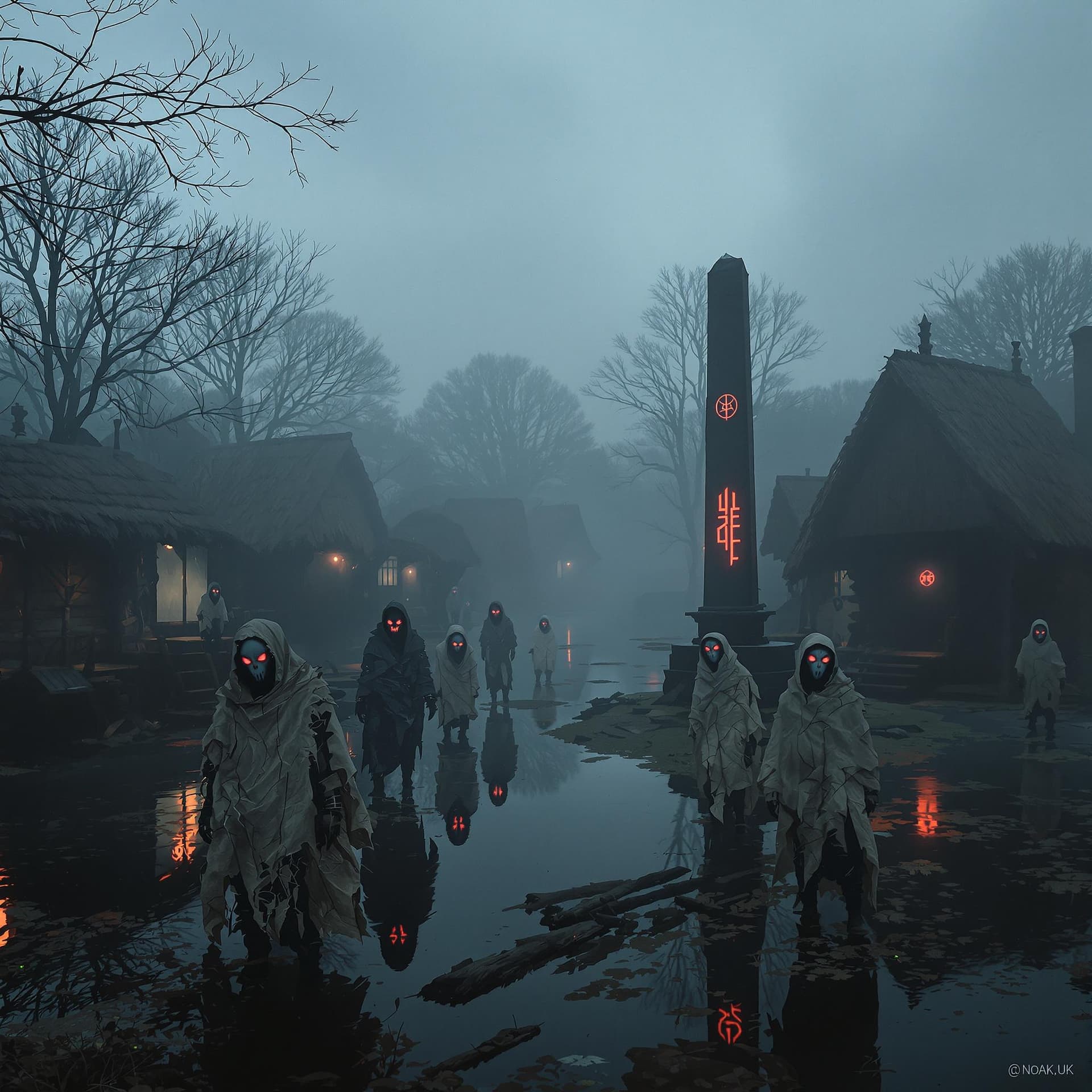 AI generated: Medieval foggy swamp village at dawn, wooden huts on stilts over black water, six mysterious figures...