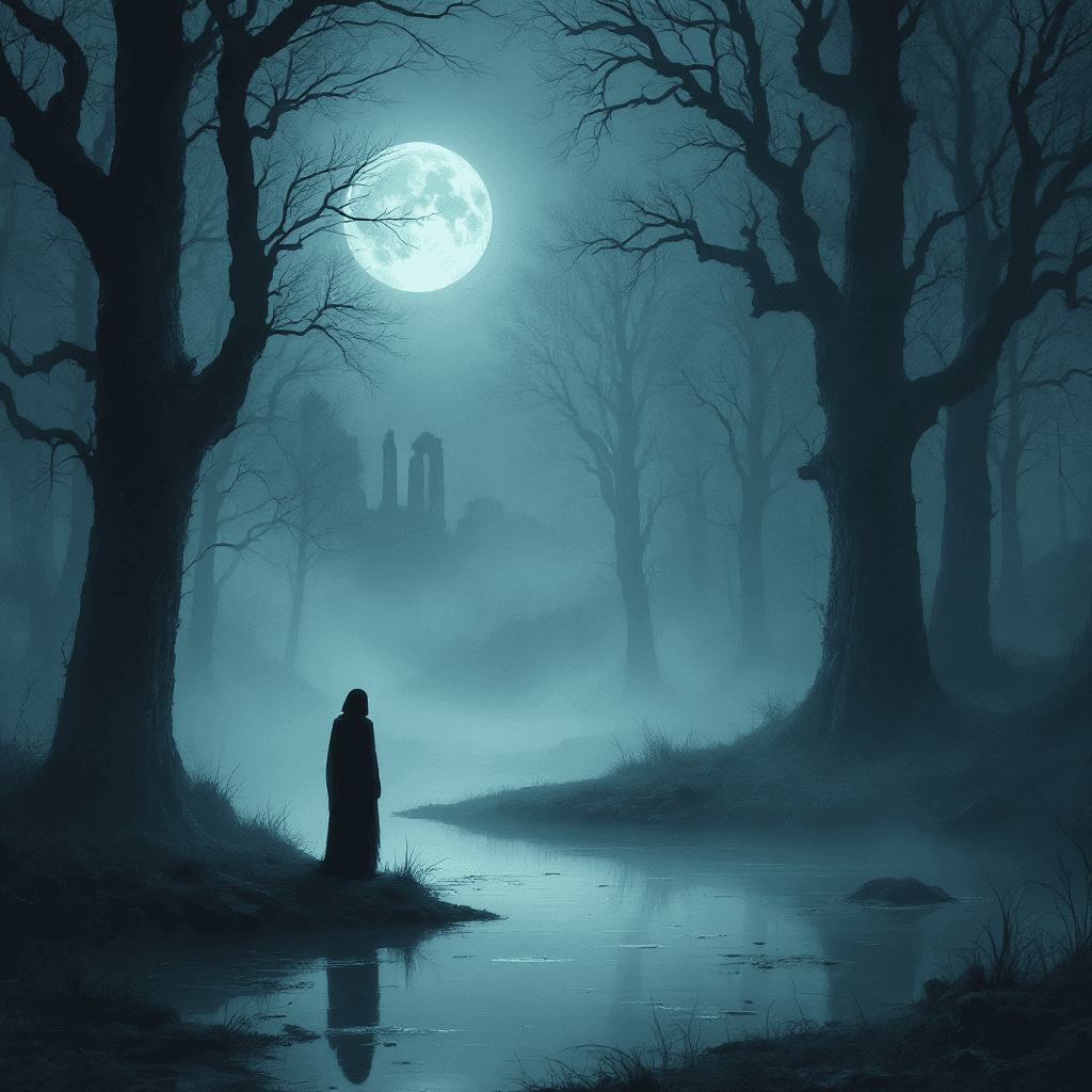 AI generated: Create an ethereal landscape depicting a figure named "Hollow." The scene should be set in a misty f...