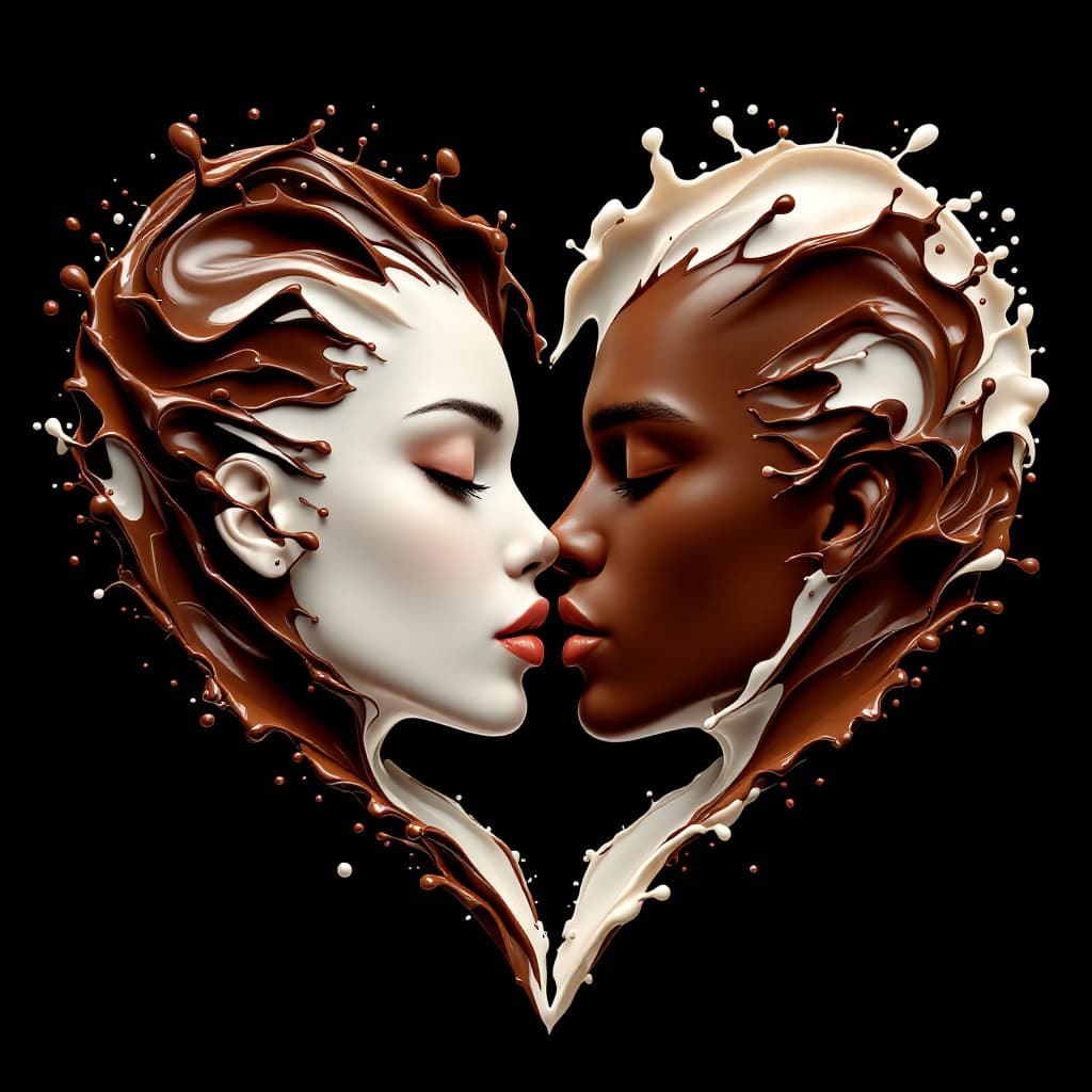 AI generated: Heart-shaped composition of two faces, kissing, formed by chocolate and milk splashes.  Intricate, d...