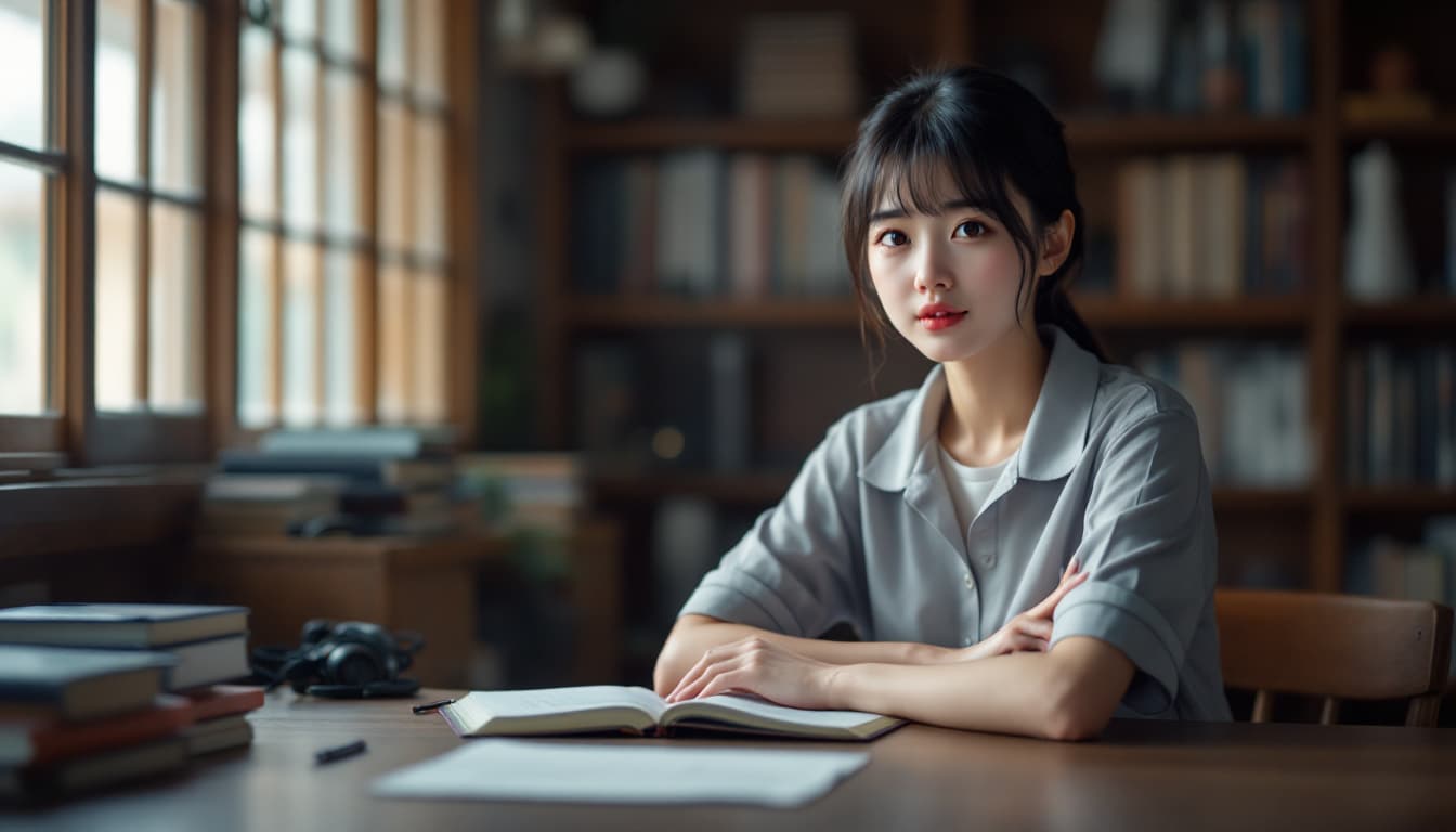 AI generated: Ultra-realistic 25old Japanese girl sitting at a wooden desk in a traditional or modern library in J...