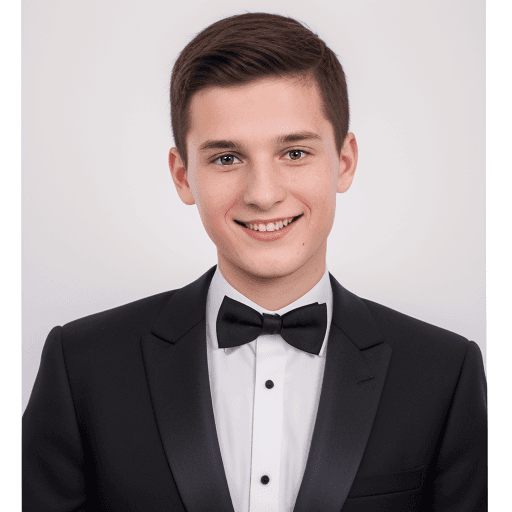 AI generated: 3/4 passport photo, young guy, in a tuxedo, smiling, white background, looking straight, small cheek...