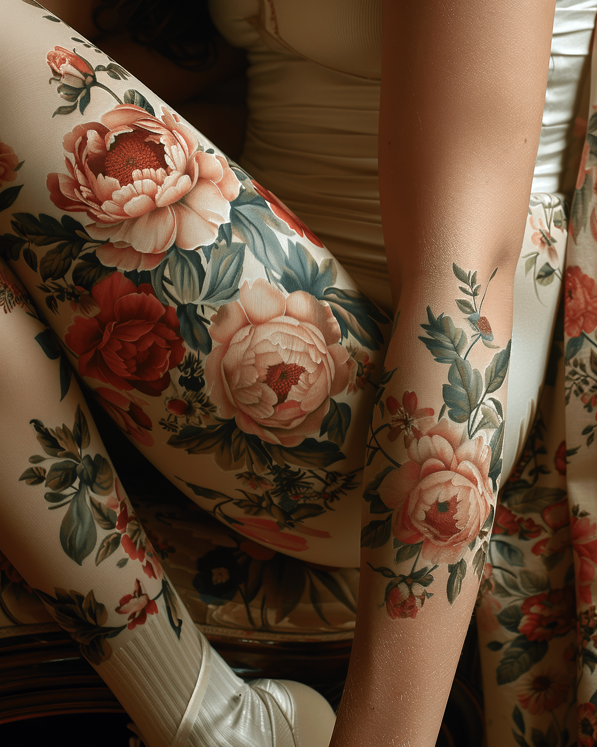 AI generated: beautiful watercolor peonies on a woman's thigh, in the style of helene knoop, light pink and red, c...