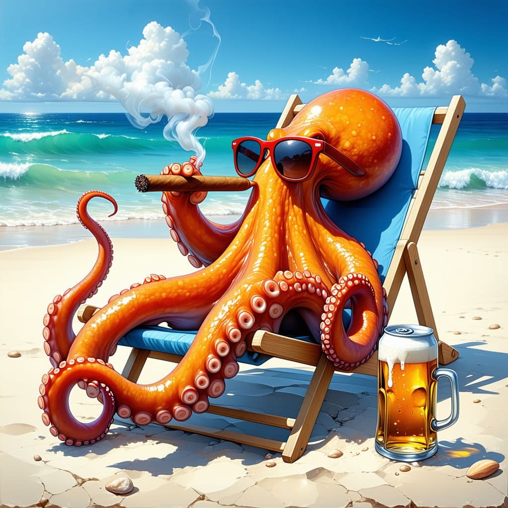 AI generated: Highly detailed depiction of an octopus with sunglasses on sitting in a beach chair smoking a cigar ...