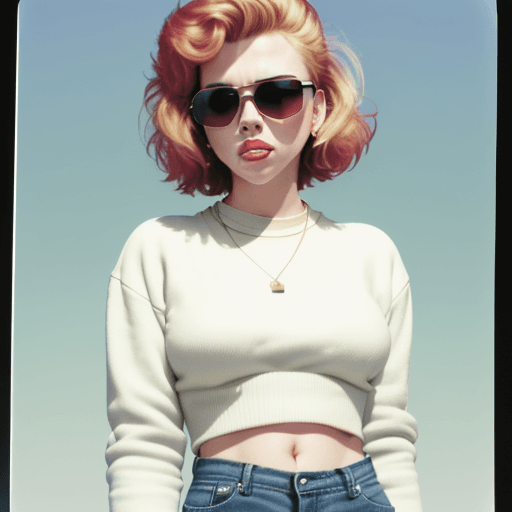 AI generated: Candid photo of a Scarlett Johansson, in 80s style, feature mom jeans, a cropped sweater, white snea...