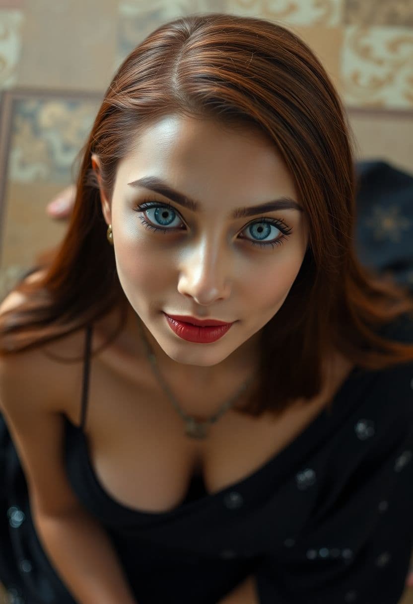 AI generated: Shot from above, 20 years old India lady, [slim lady, slender lady], with big expressive eyes, [blue...