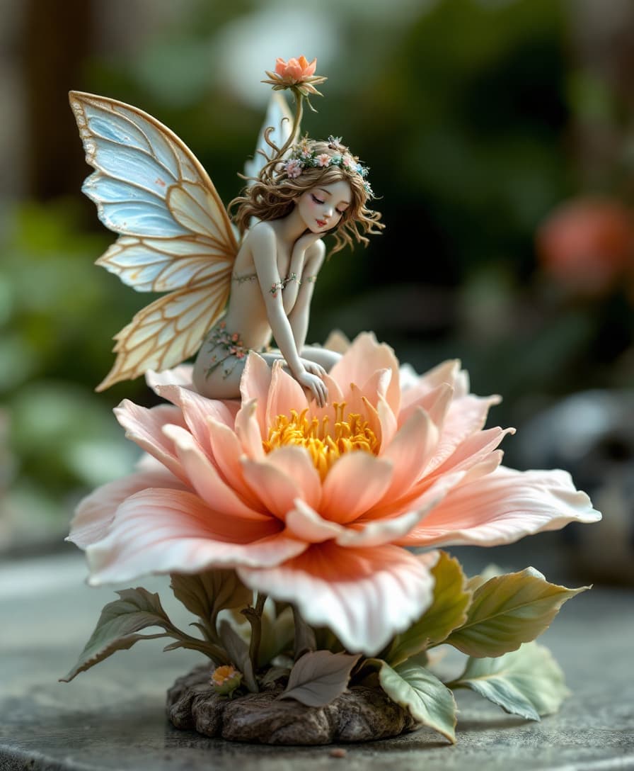 AI generated: Whimsical, Art Nouveau-inspired sculpture of a fairy perched on a blooming flower, photorealistic, h...