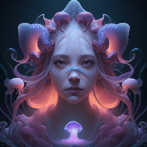 AI generated: Goddess close-up portrait ribcagel. jellyfish phoenix head, nautilus, orchid, skull, betta fish, bio...