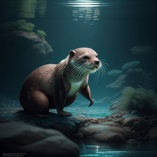 AI generated: a beautiful otter in a river eating a fish,bioluminiscent creatures, intricate artwork . octane rend...
