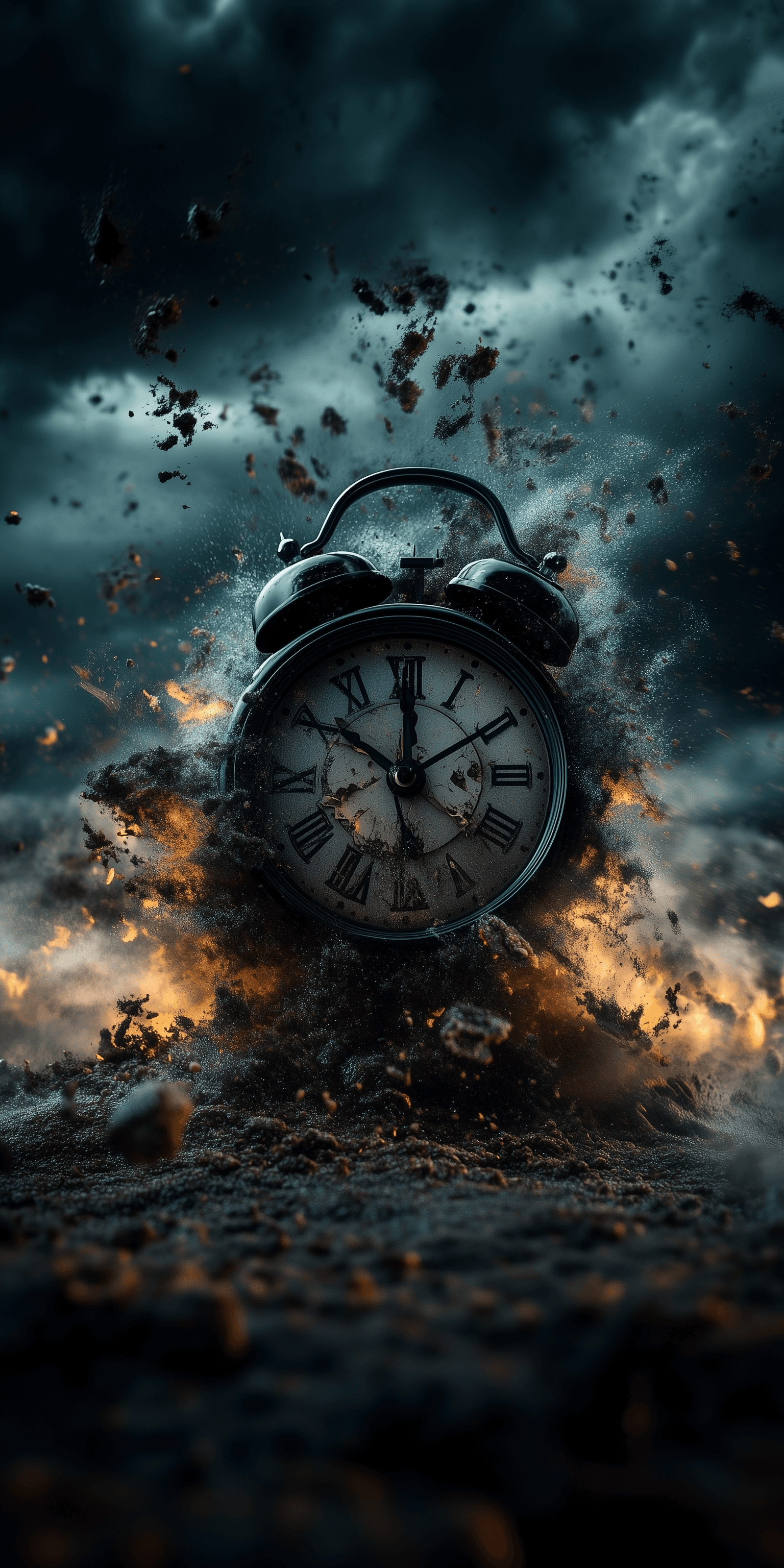 AI generated: A broken clock exploding on the ground, with dark clouds in the background, hyper-realistic photogra...